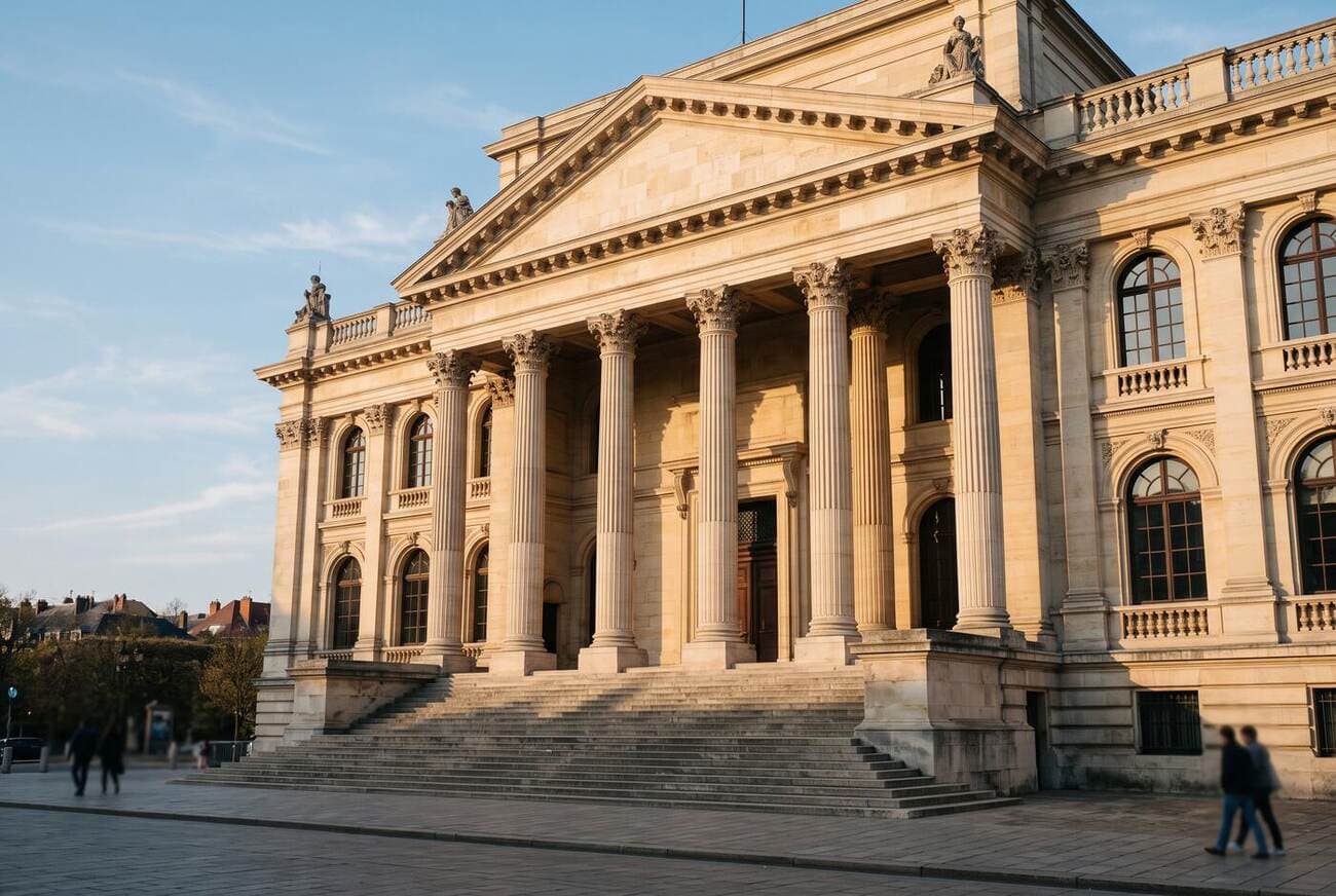 Fasada gmachu sądu z kolumnami w popołudniowym świetle